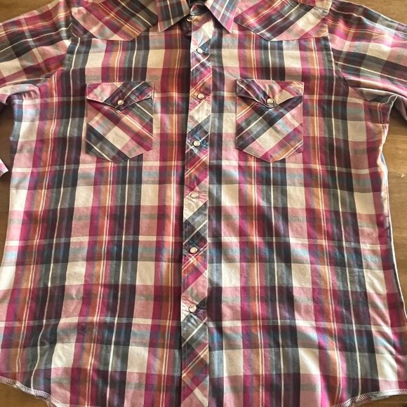 Vtg 90s WRANGLER Mens Pearl Snap L 17-34 Cowboy Cut X-Long Tails Single Needle - Picture 2 of 7